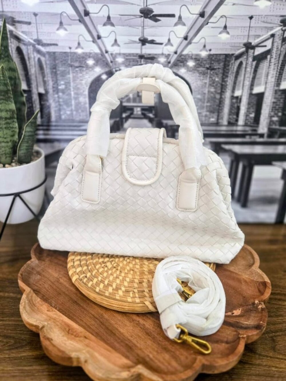 White Woven Intrecciato Style Satchel & Crossbody Bag, NEW
